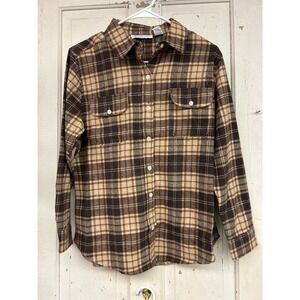 Keren Hart Brown Tan Plaid Flannel Button Down Shirt Womens Small Cotton